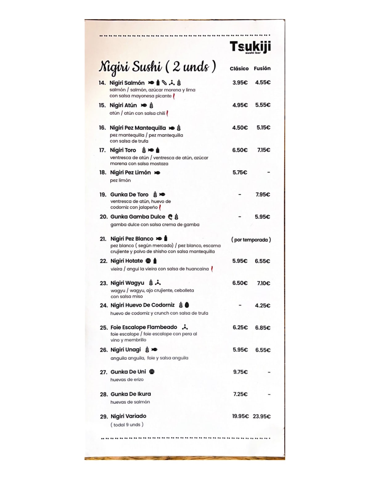 Tsukiji Sushi Bar - Madre Antonia Paris menu