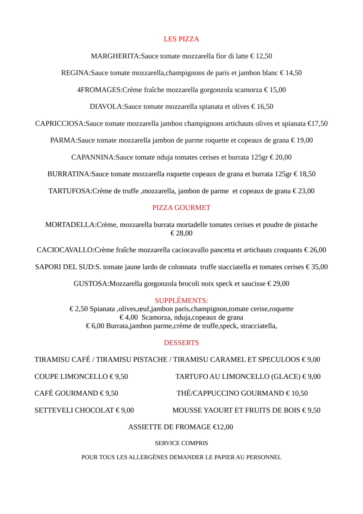 La on sale capannina menu