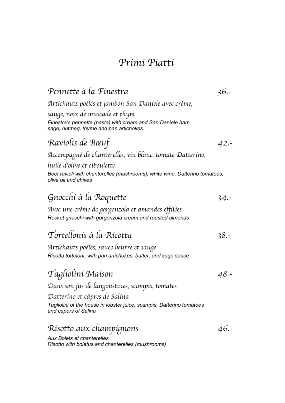 La Finestra menu