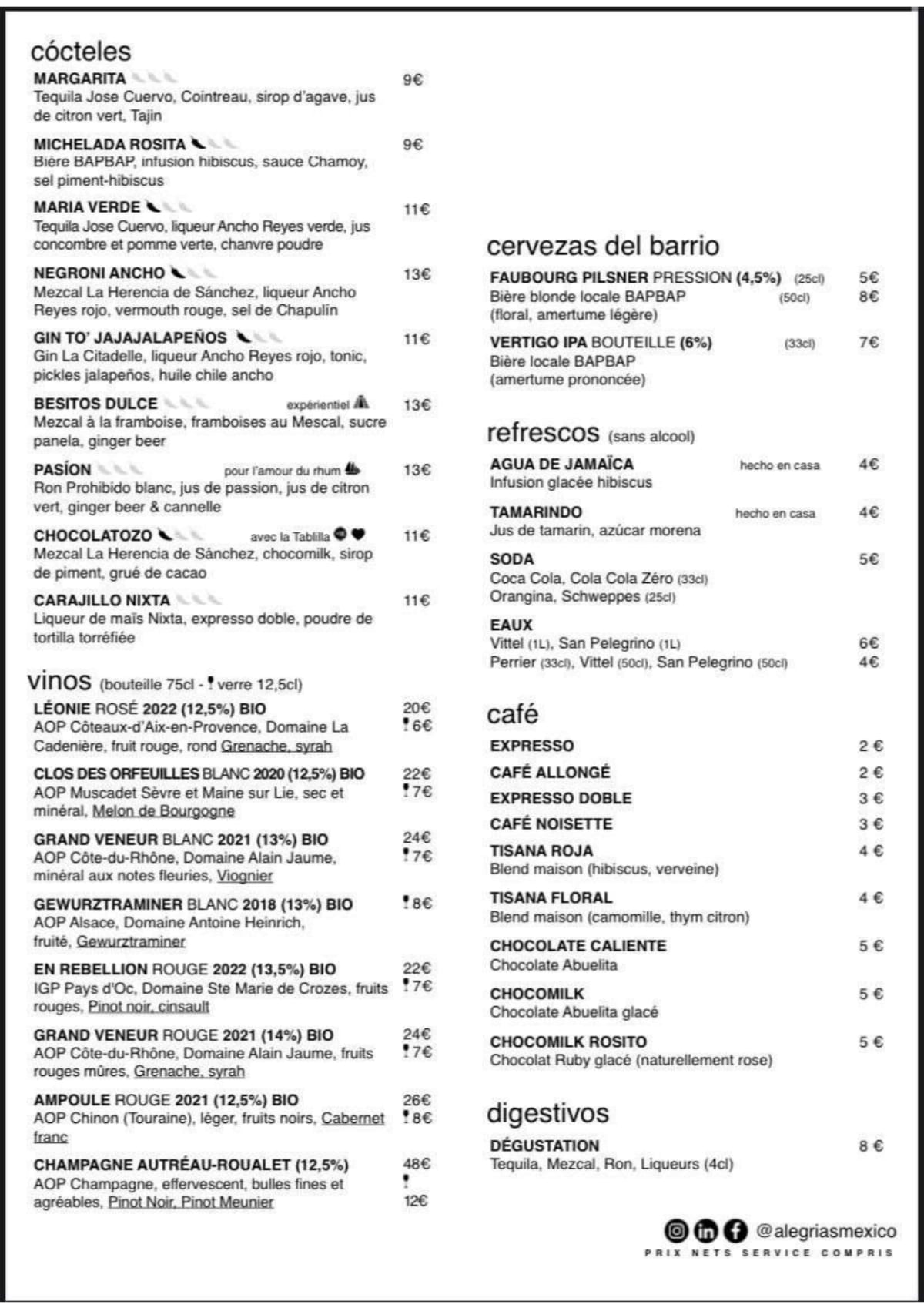 Alegrías menu