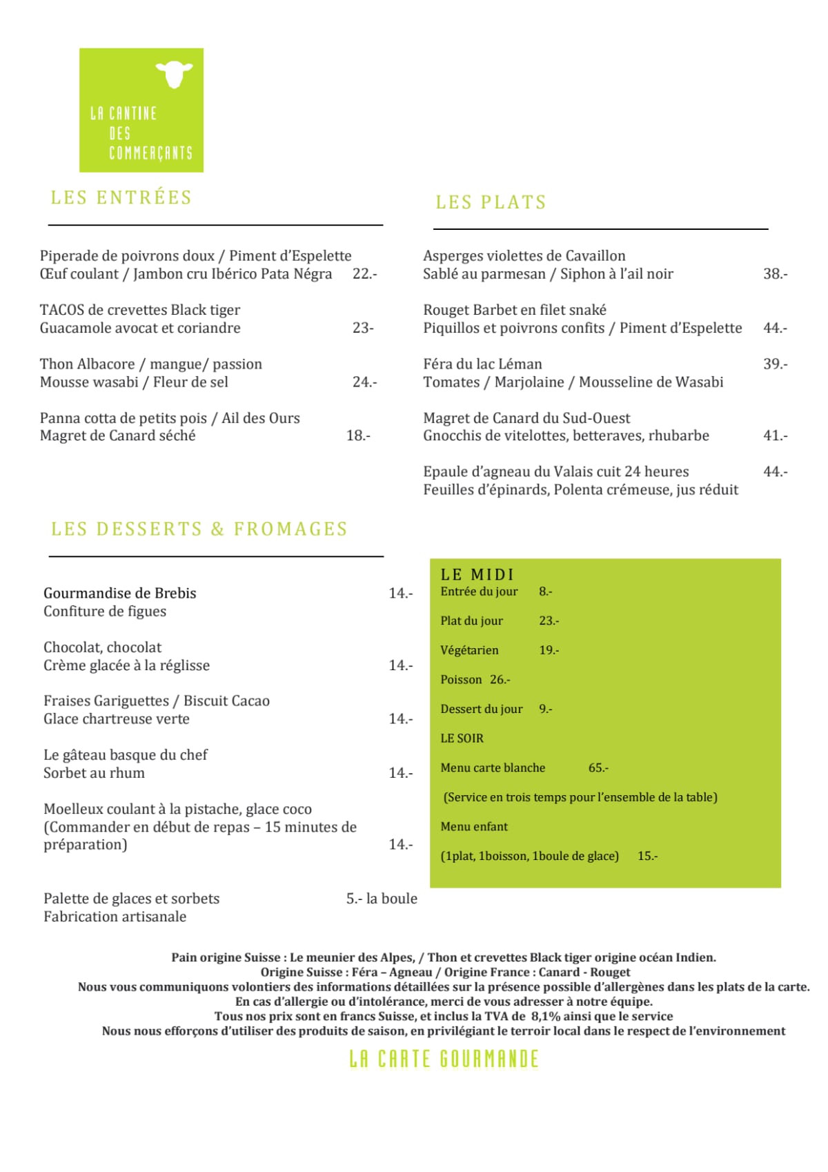 La Cantine des Commerçants - Plainpalais menu