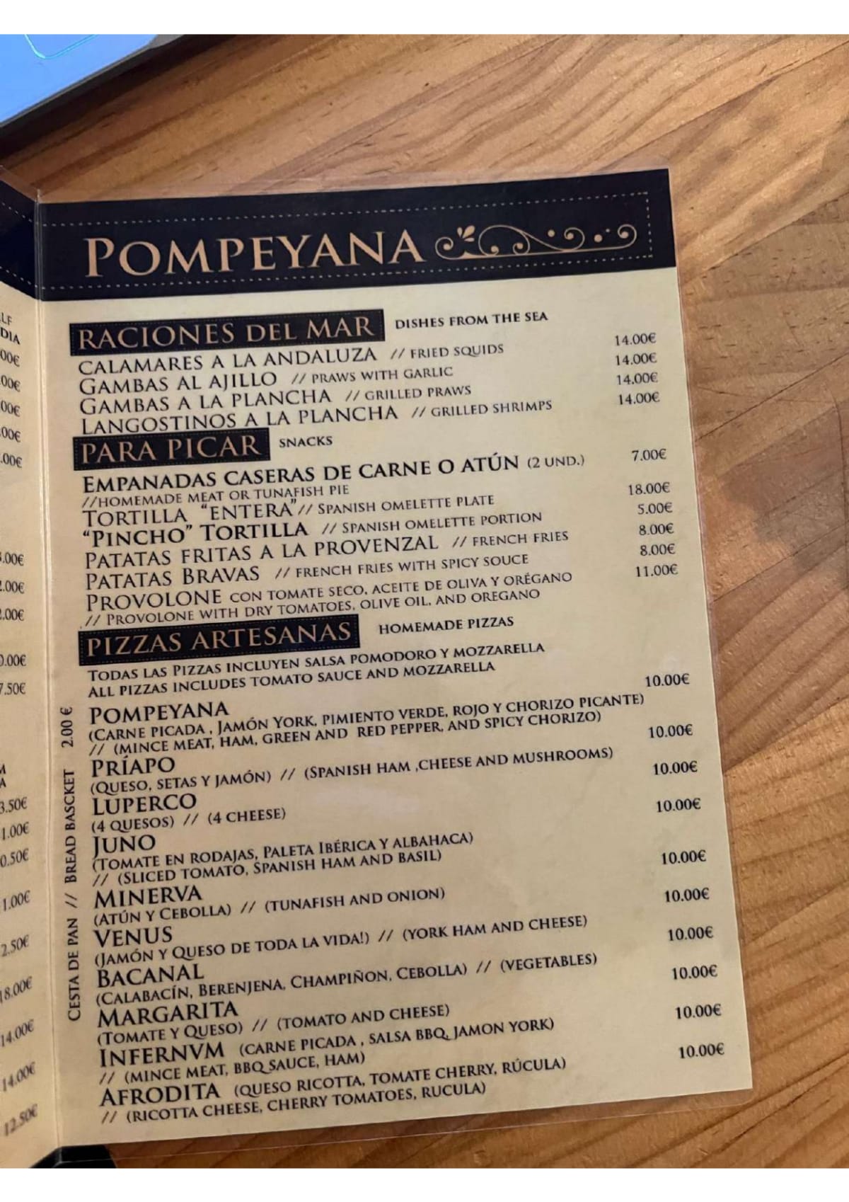 Taberna Pompeyana menu