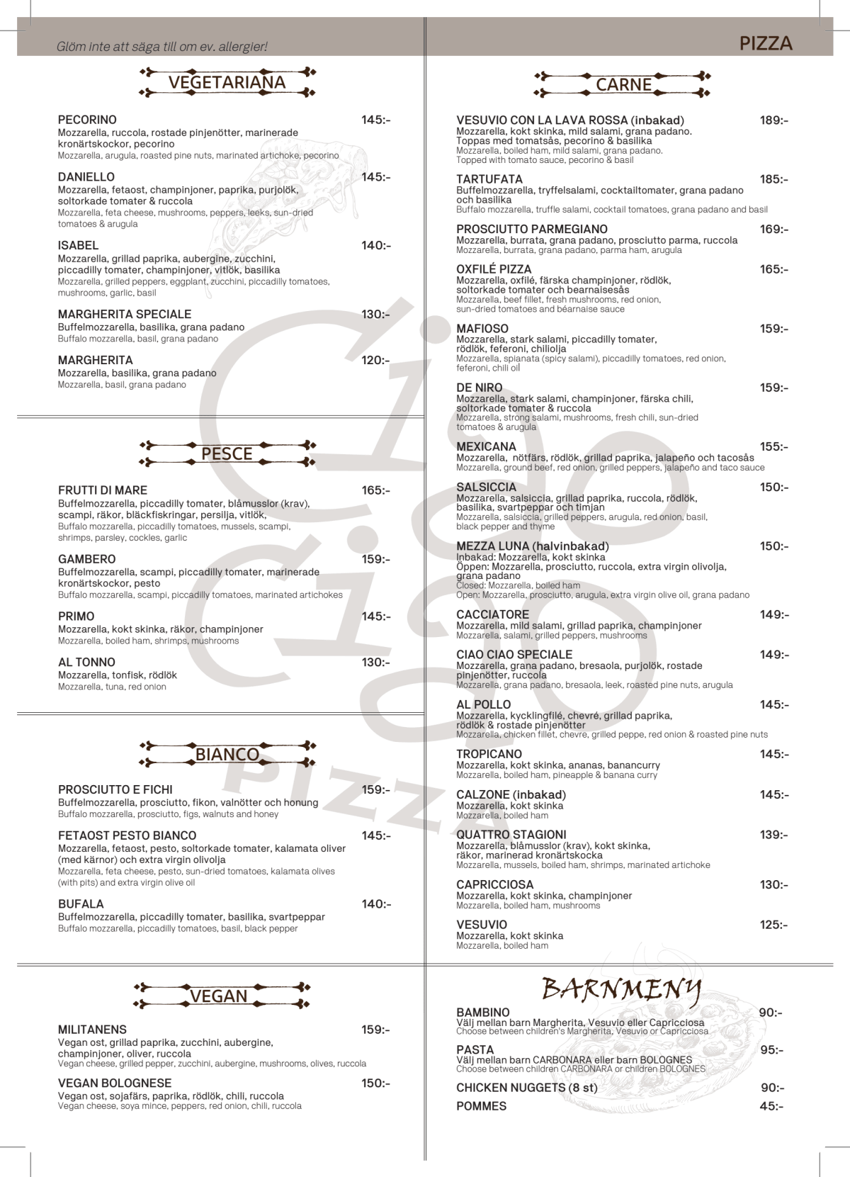 Primo Ciao Ciao Liljeholmen menu