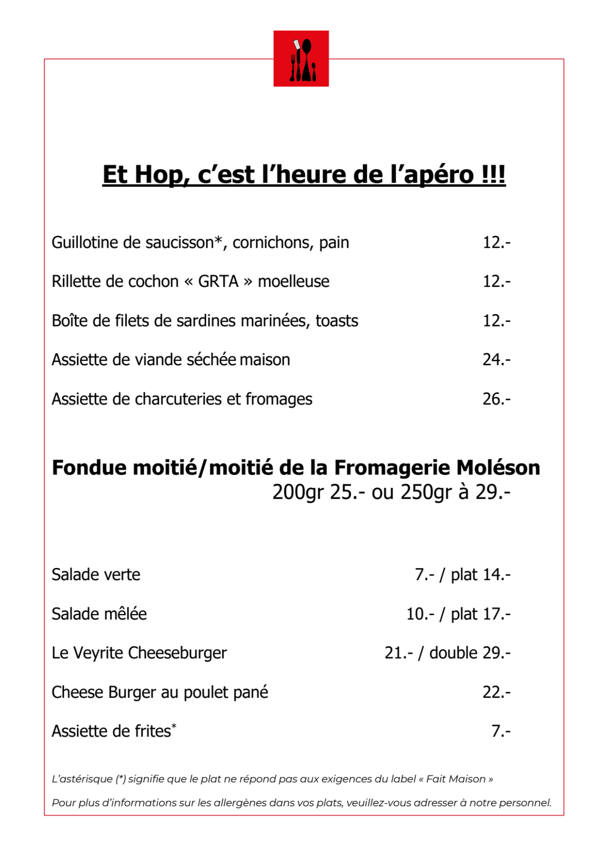 Auberge Communale du Grand Donzel menu