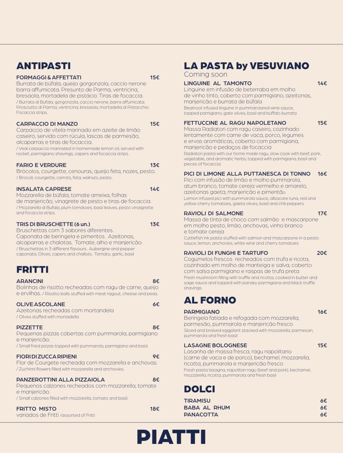 Visconti Chiado menu