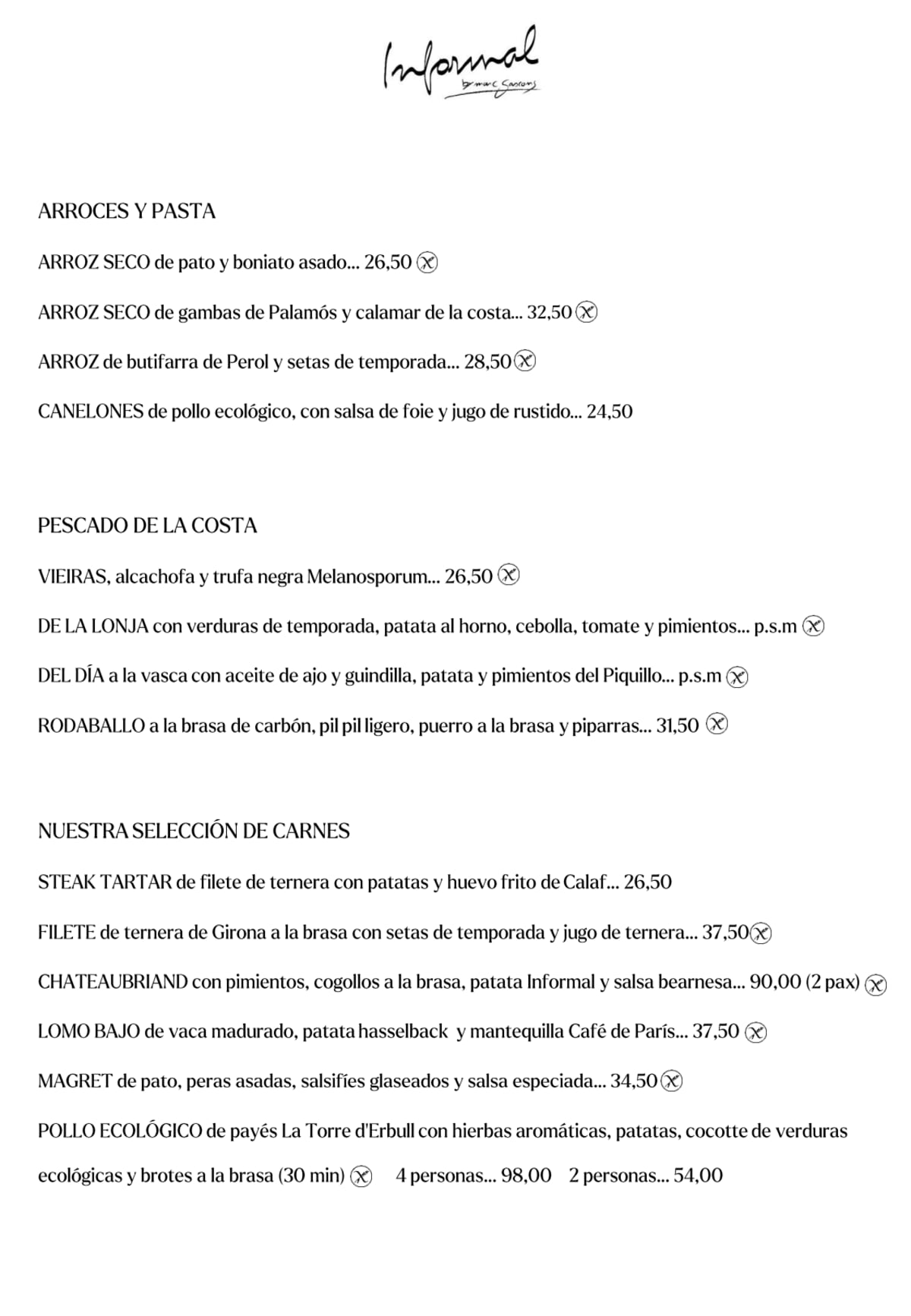 Informal by Marc Gascons- Hotel Serras menu