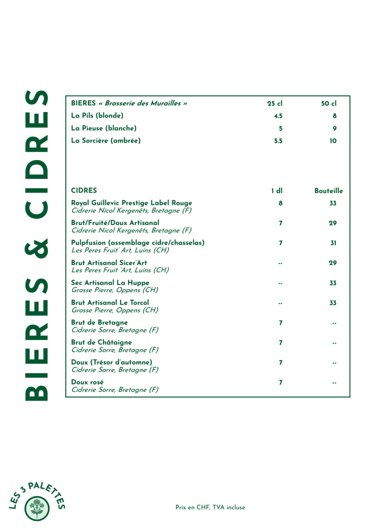 Crêperie les 3 palettes menu