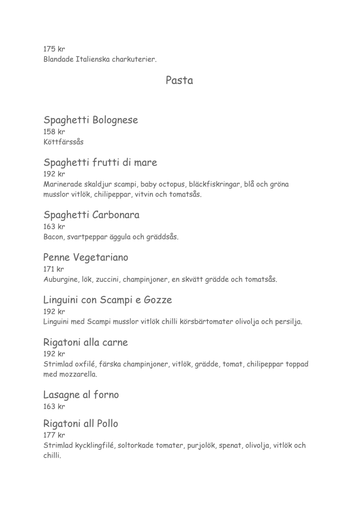 Ristorante Dolce Vita menu