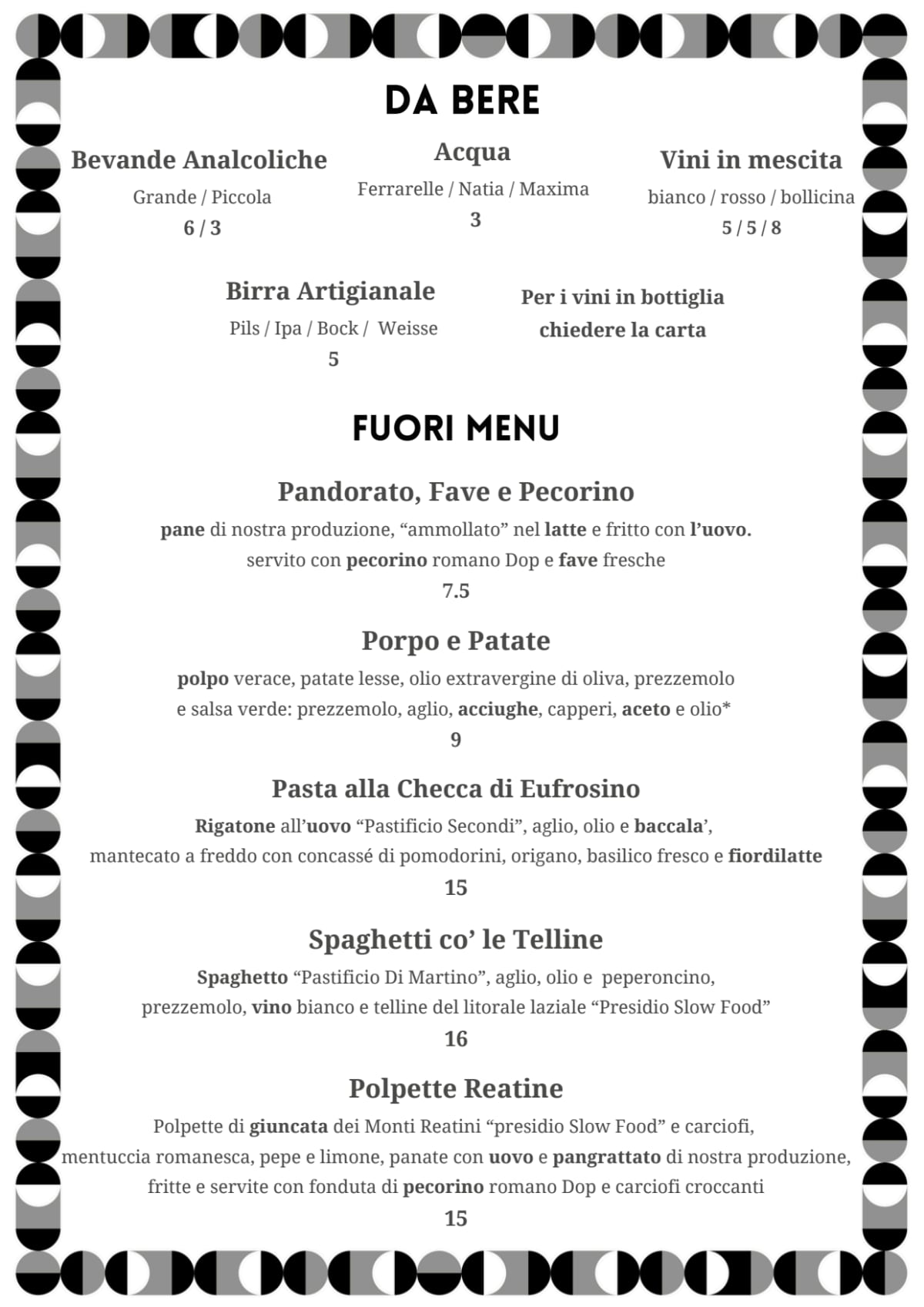 Eufrosino Osteria menu