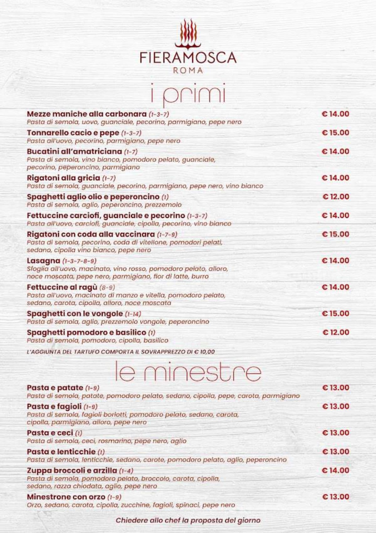 Fieramosca Roma menu