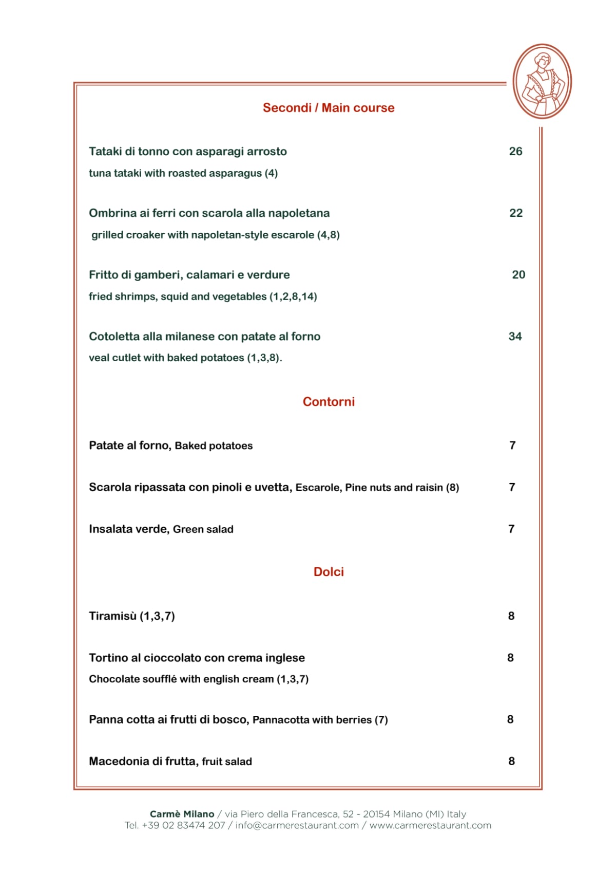 Carmè Restaurant menu