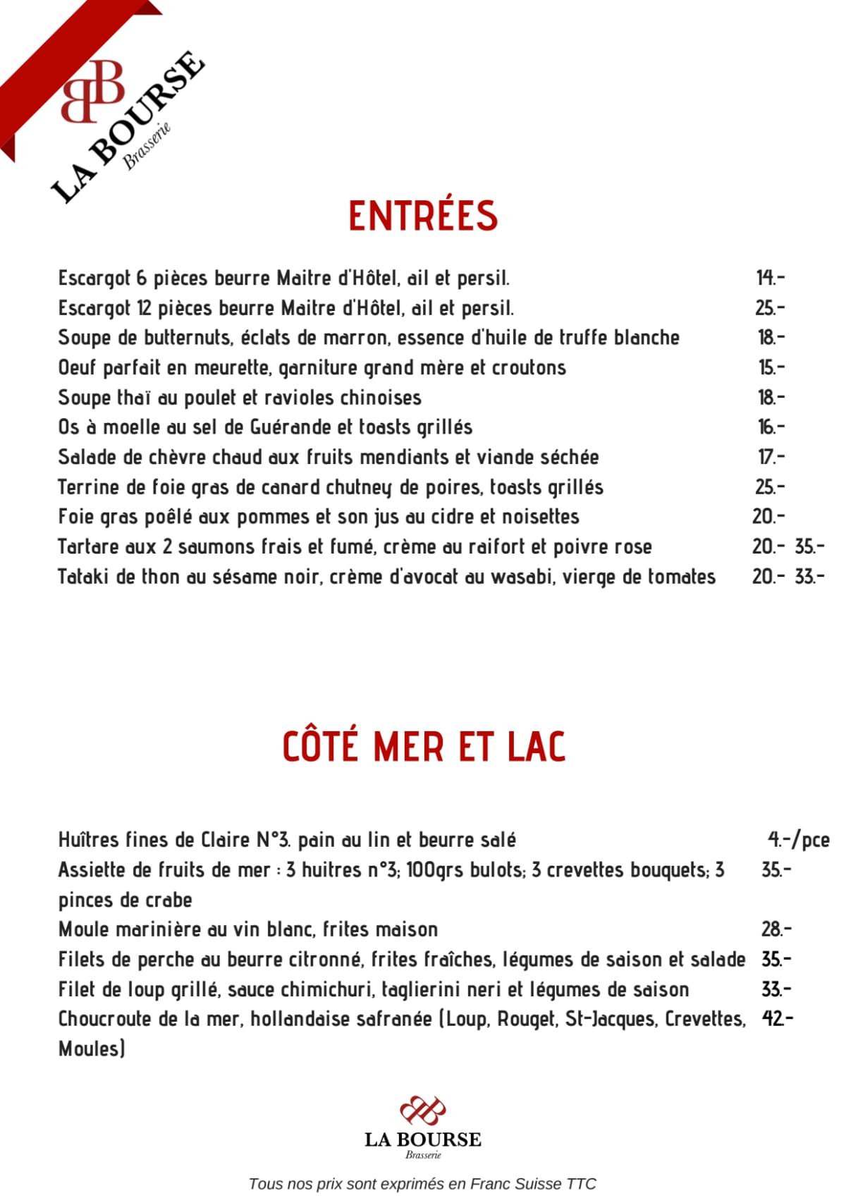 La Bourse menu