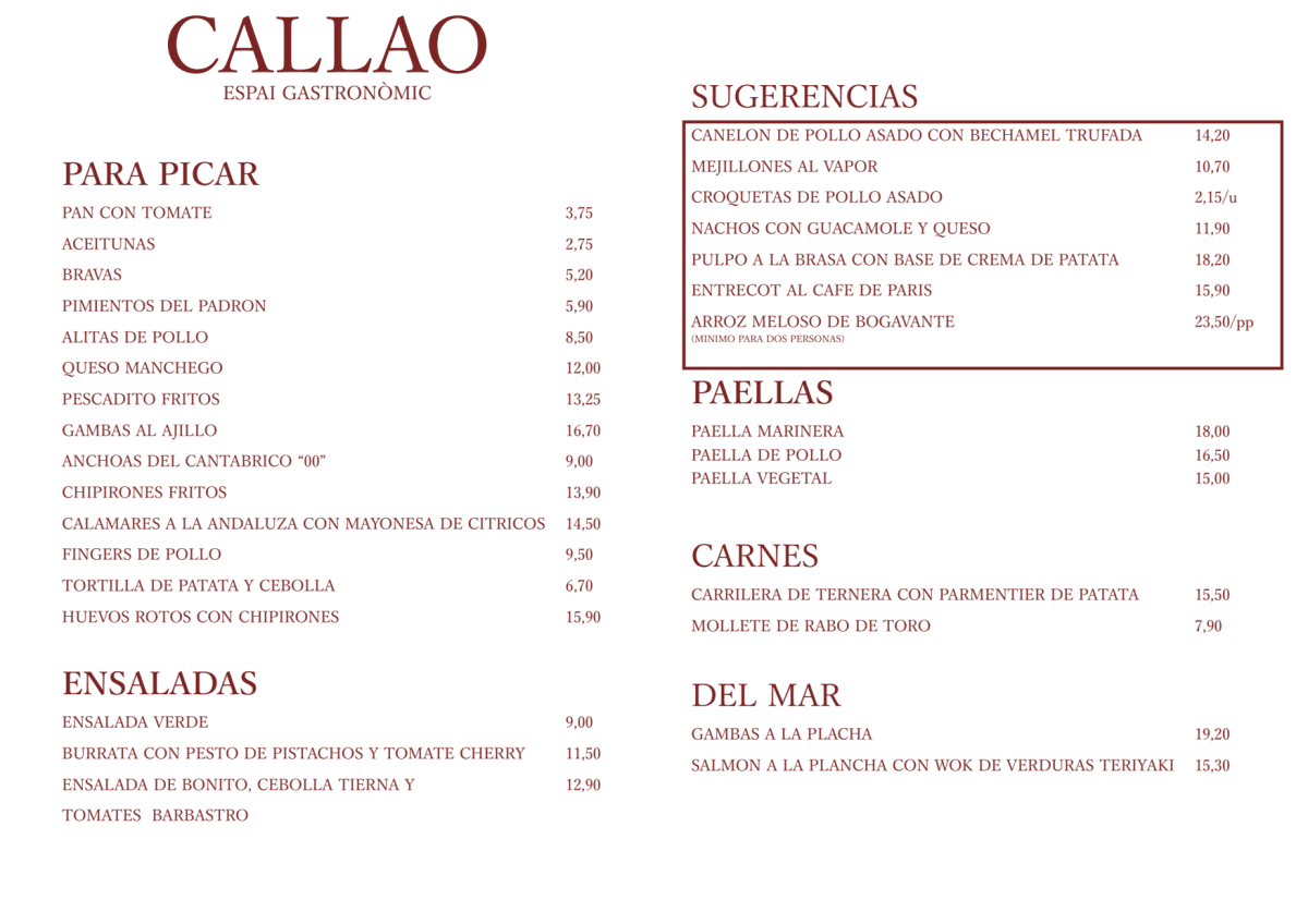 Callao Espai Gastronomic menu