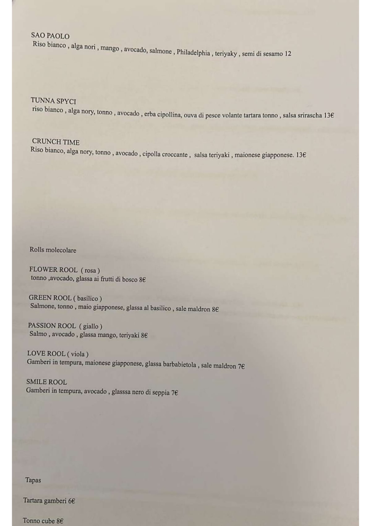 The Club Sushi menu