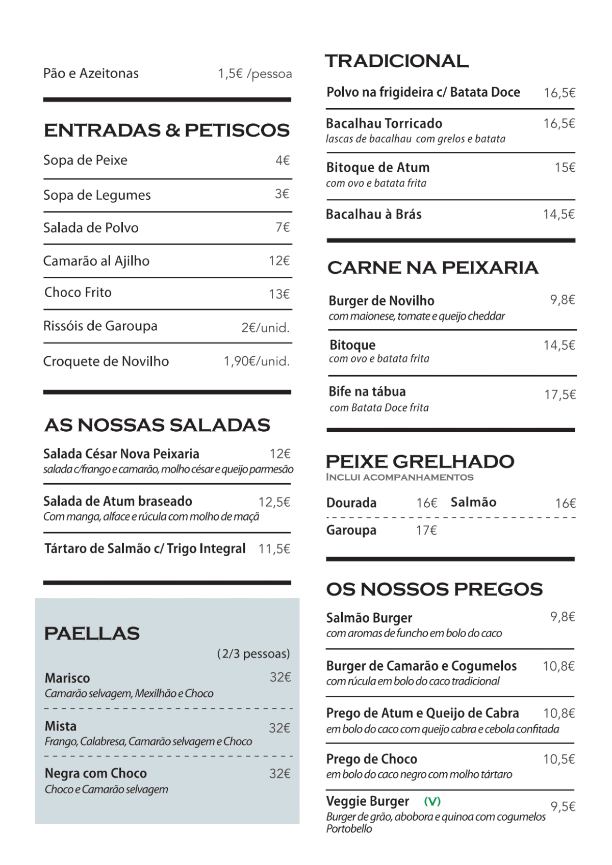 Nova Peixaria menu