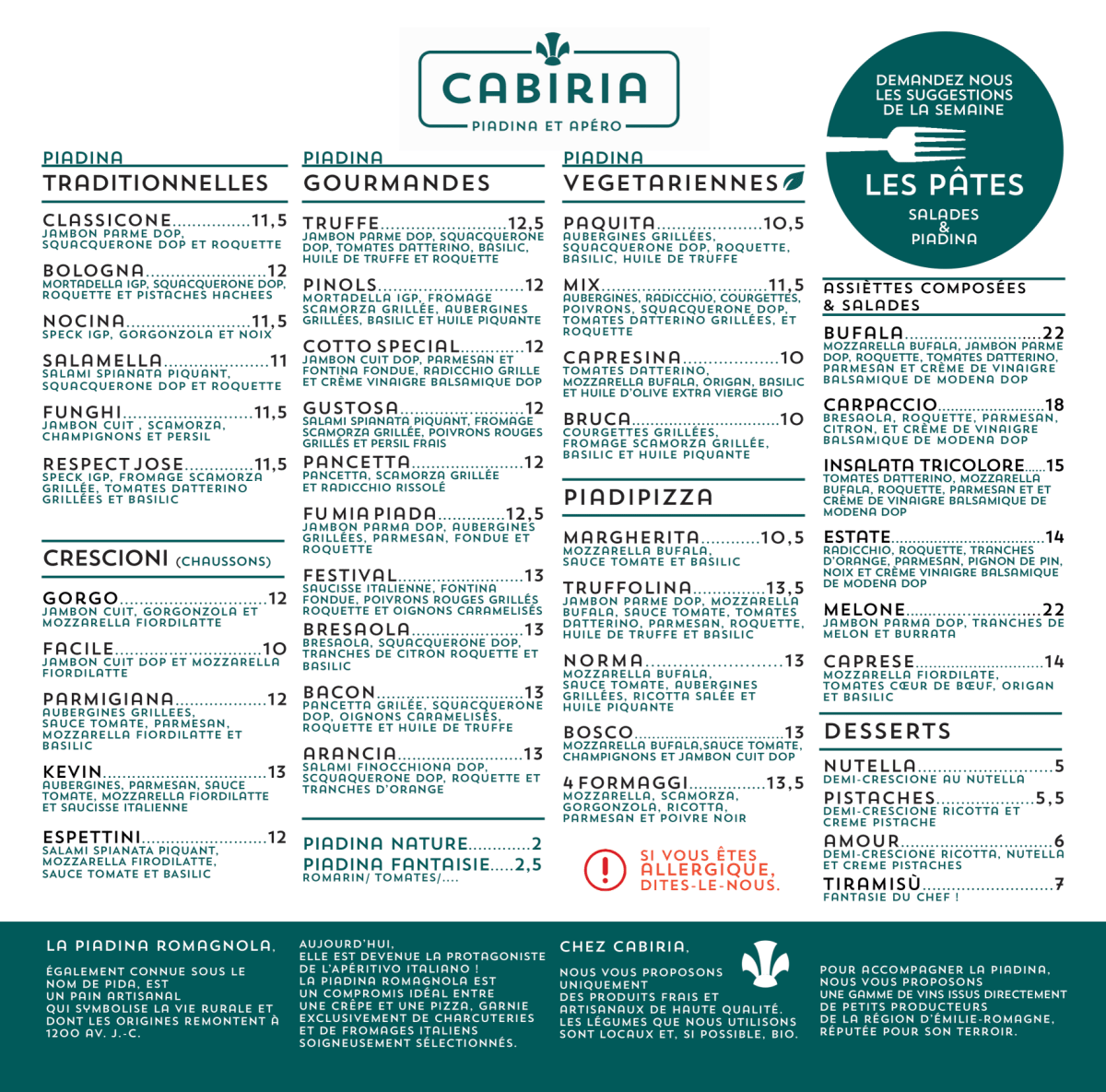 Cabiria Piadina et Apéro menu