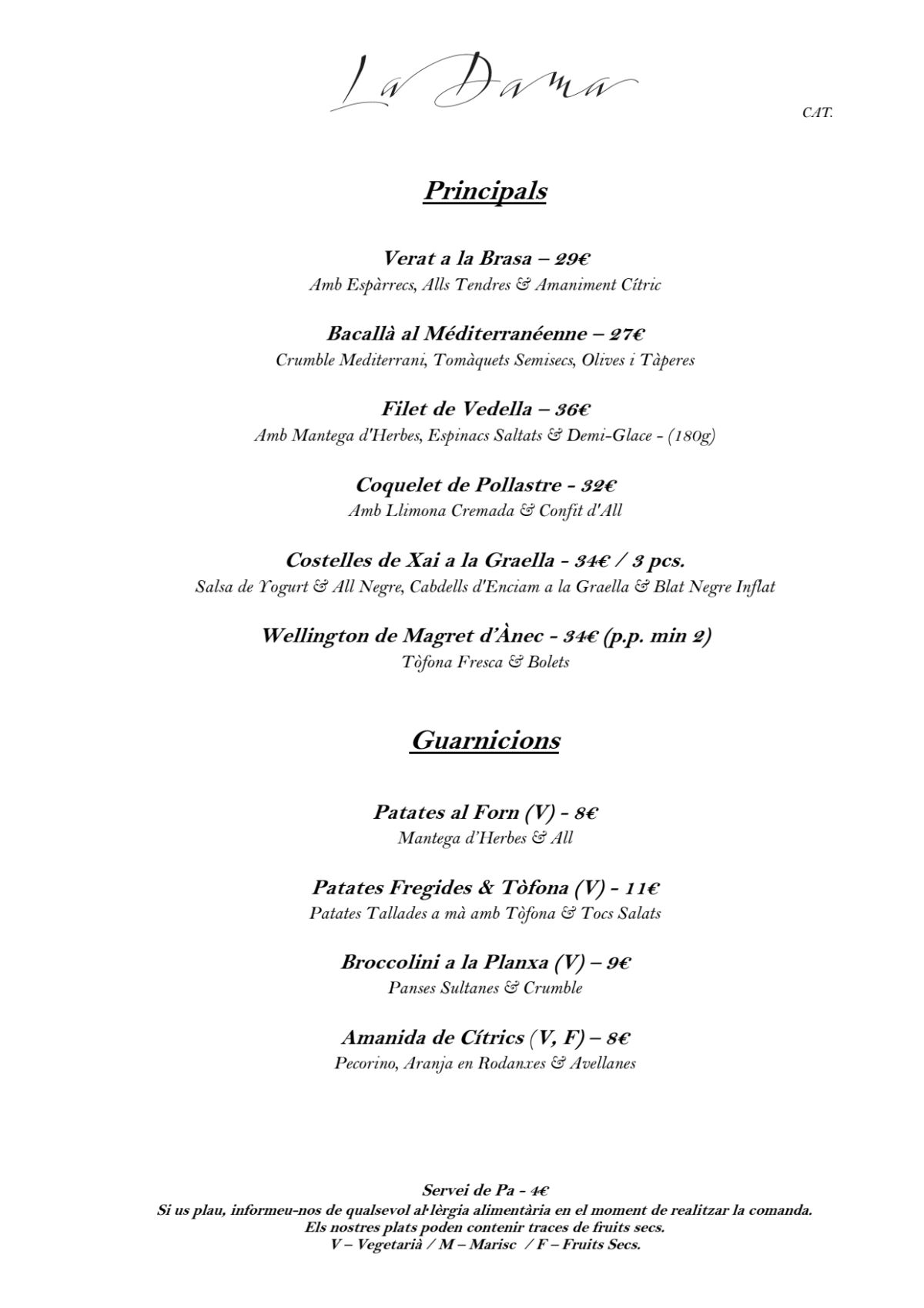 La Dama menu