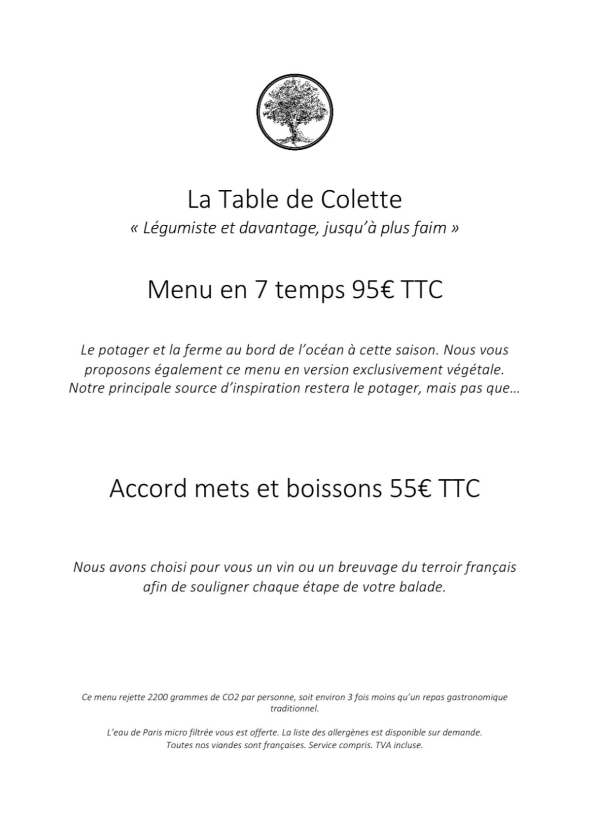 La Table de Colette menu