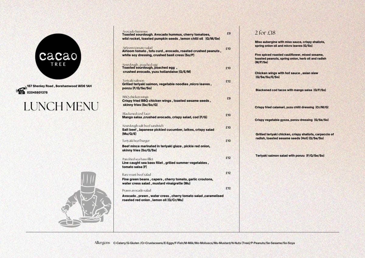 Menu 2024 Cacao Tree Restaurant in Borehamwood TheFork
