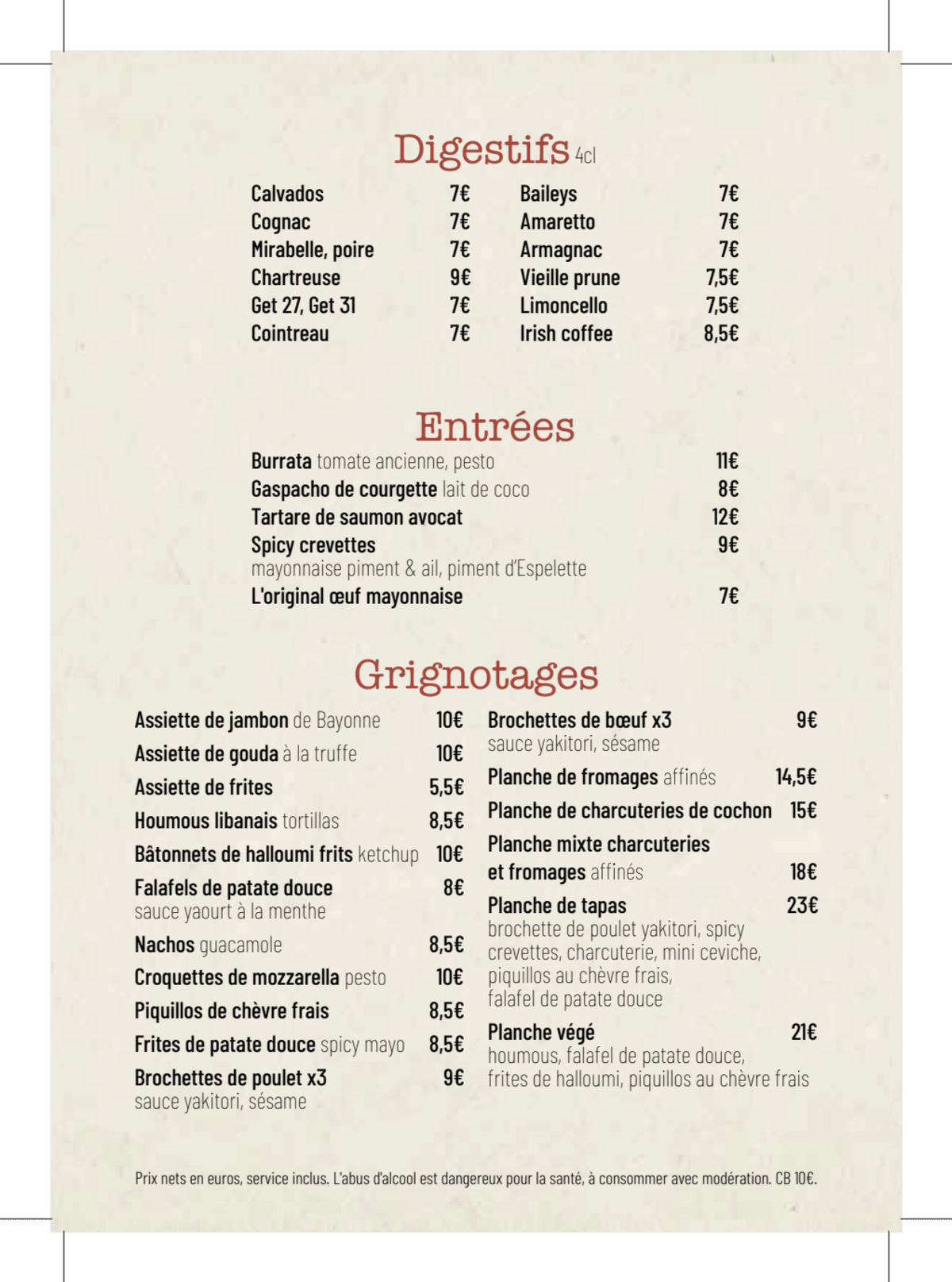 La Belle Vie menu