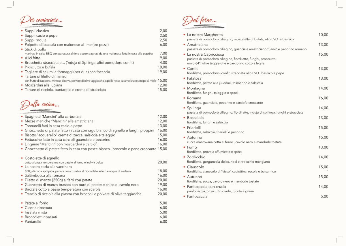 Masandro menu