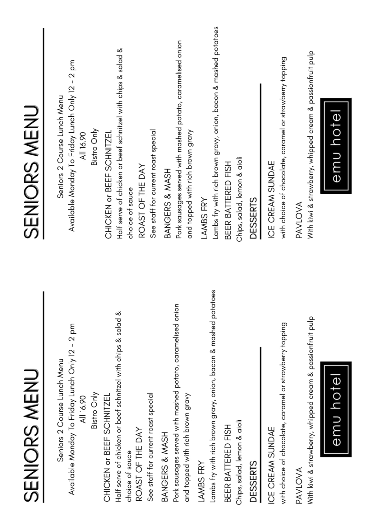 Carte et Menus 2024 The Emu Hotel à Morphett Vale TheFork