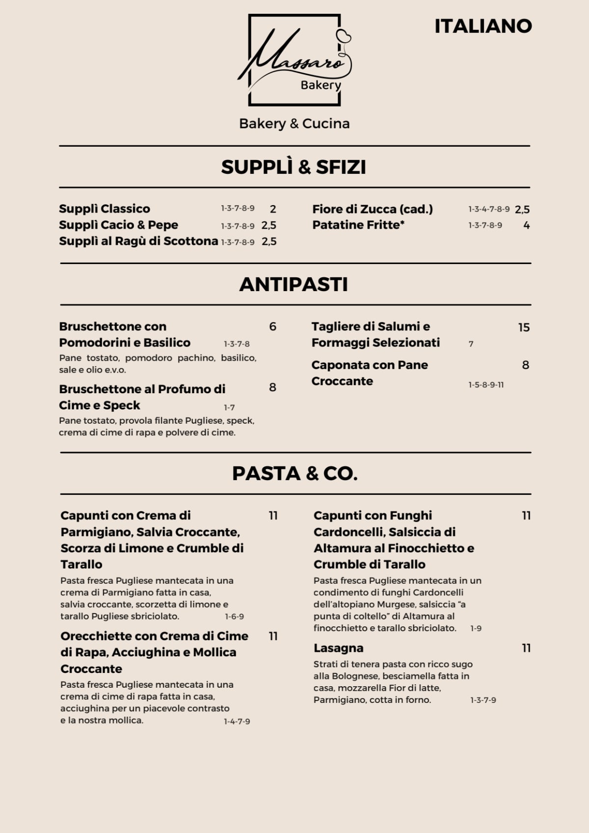 Massaro Bakery menu