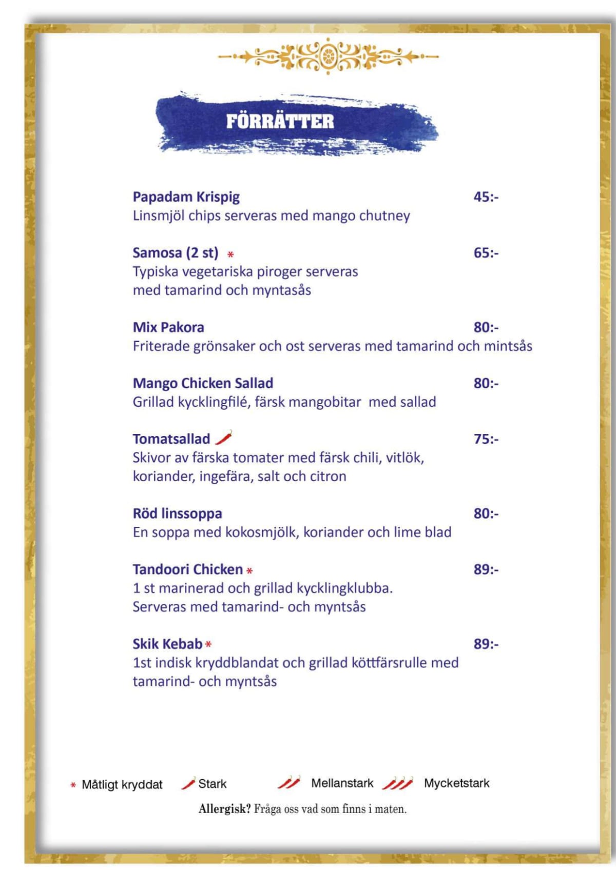 Tre Indier menu