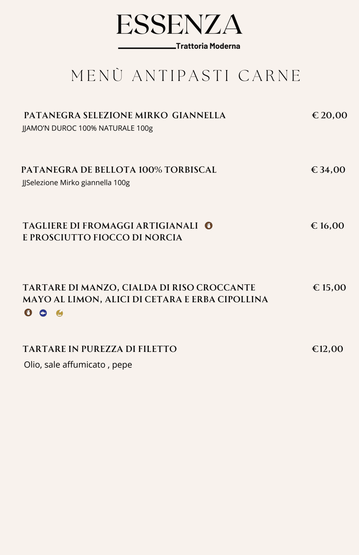 Essenza Trattoria Moderna menu