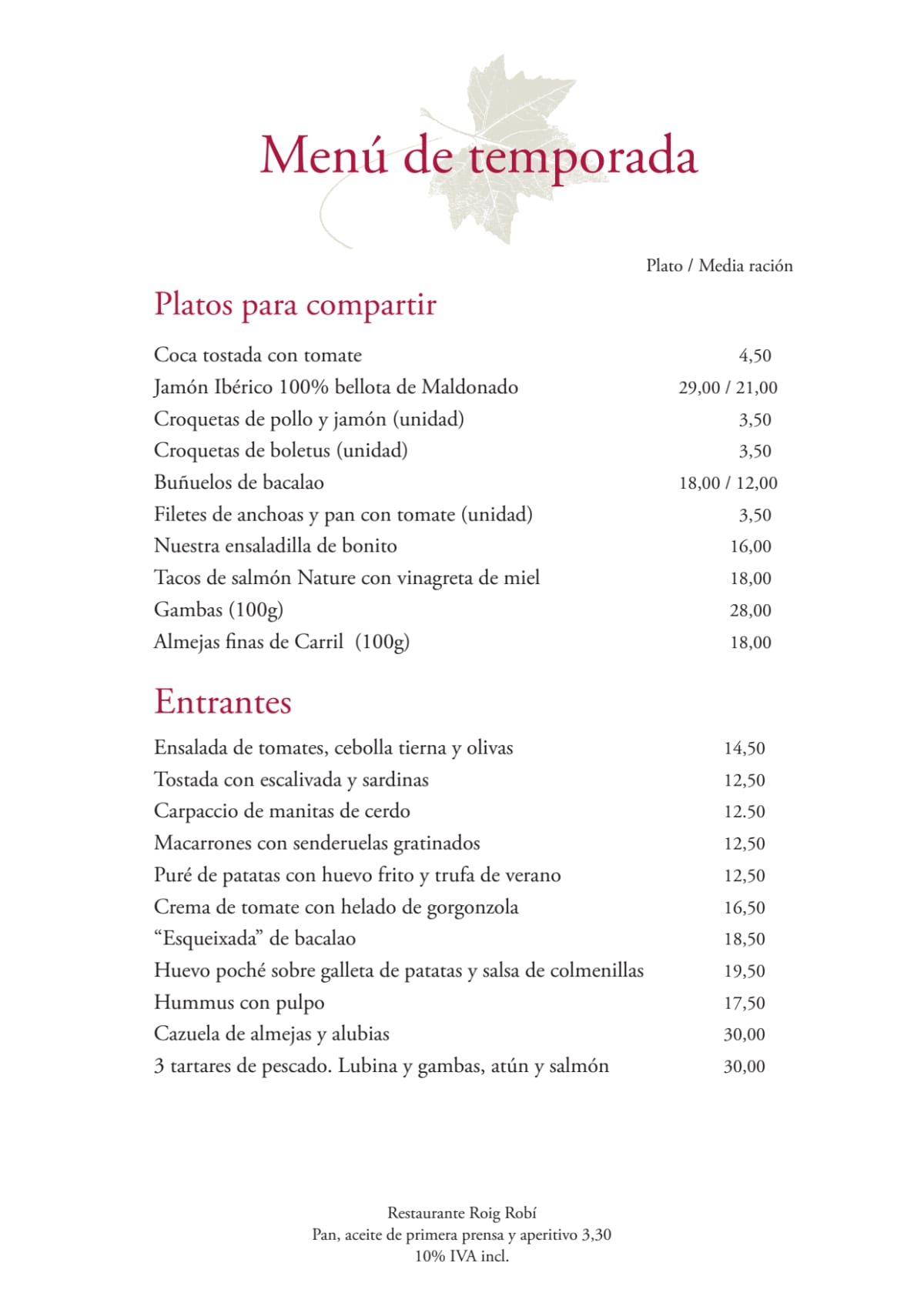 Roig Robí menu