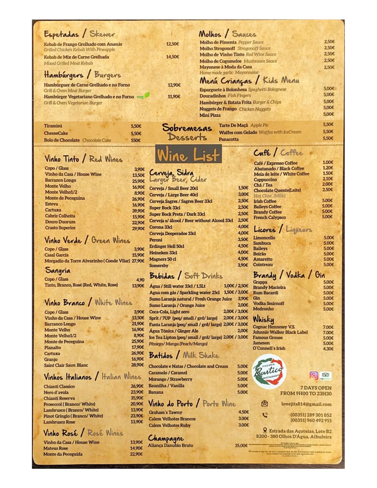 Carte et Menus 2024 Rustico Restaurant Pizzeria & Steakhouse à