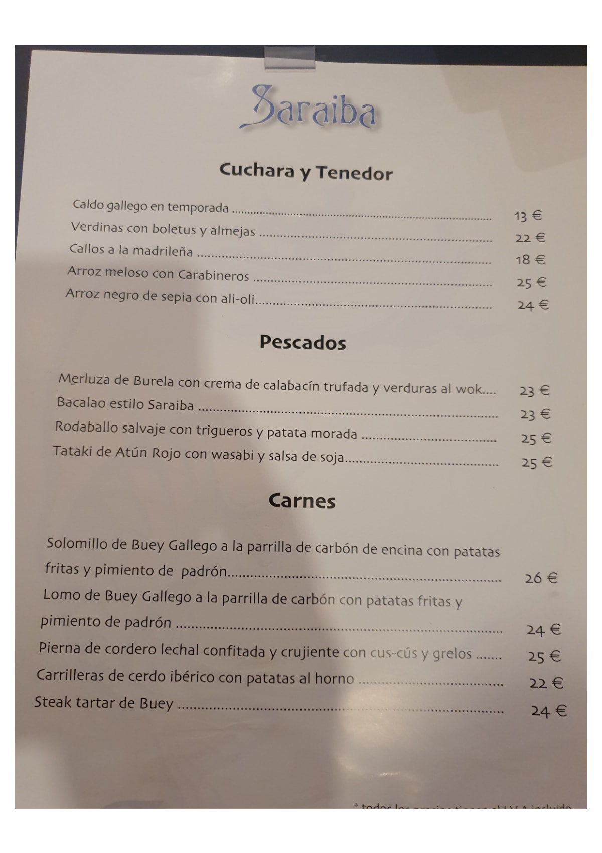 Saraiba menu