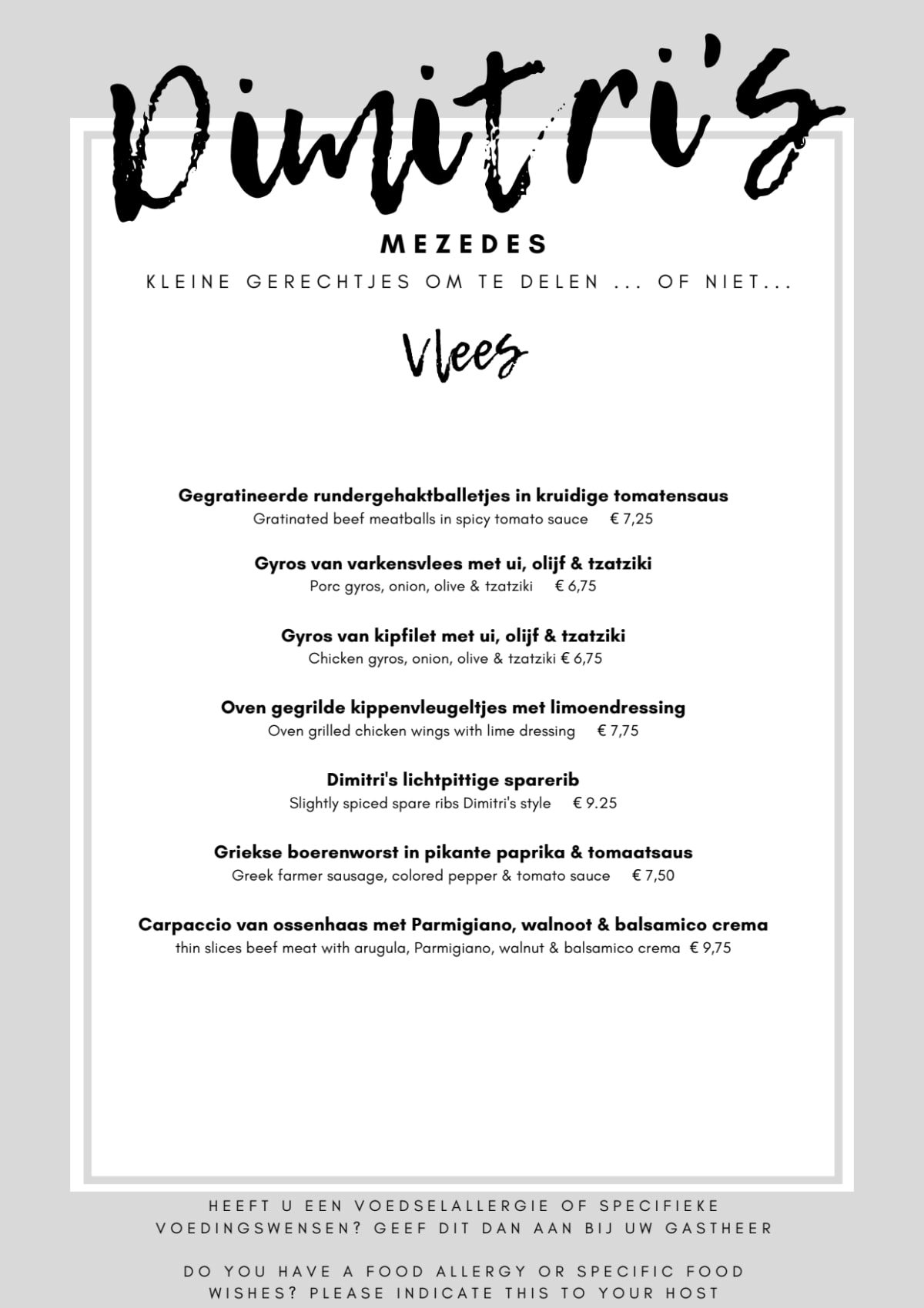 Dimitri's Restaurant menu