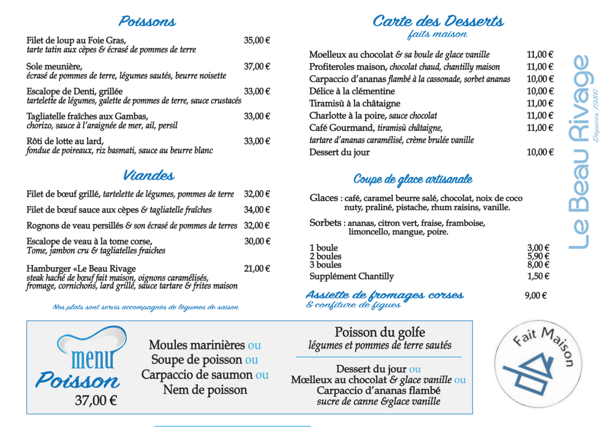 Carte et Menus 2024 Le Beau Rivage à Ajaccio TheFork