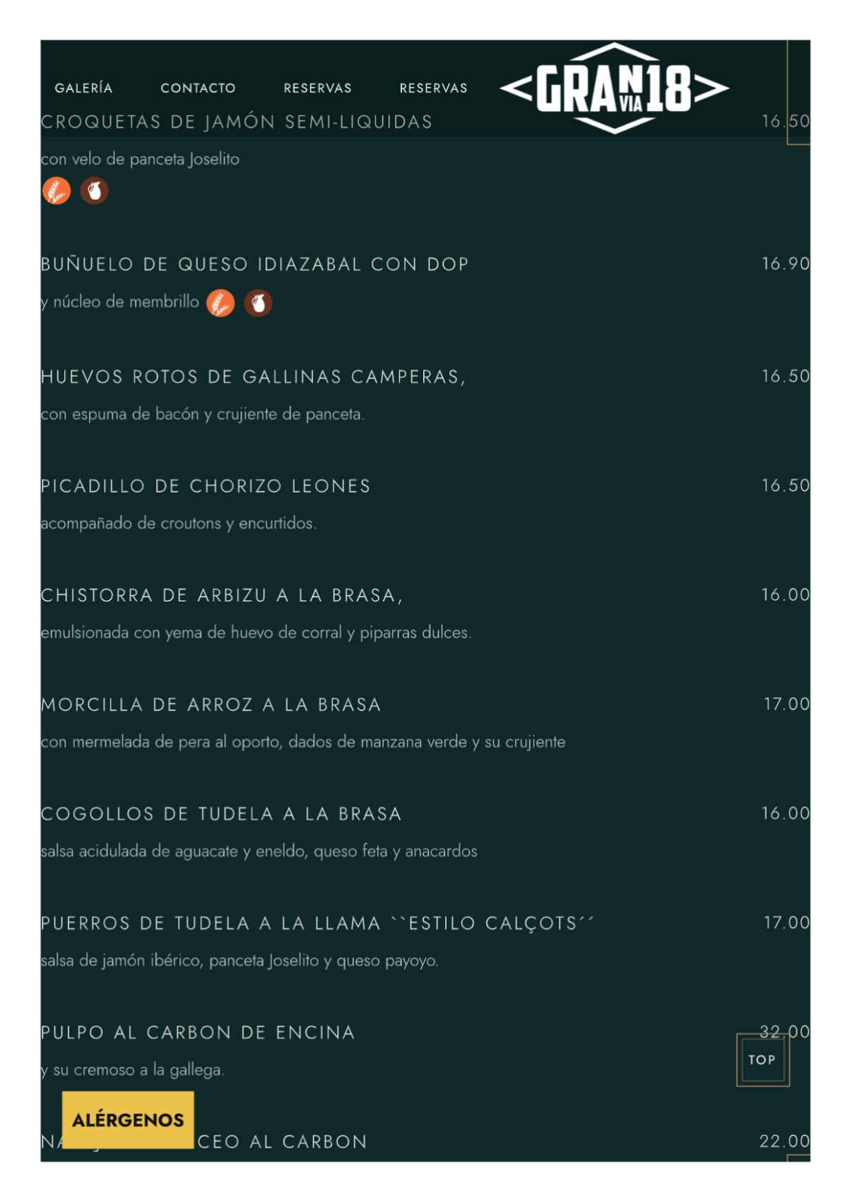 Gran Vía 18 menu