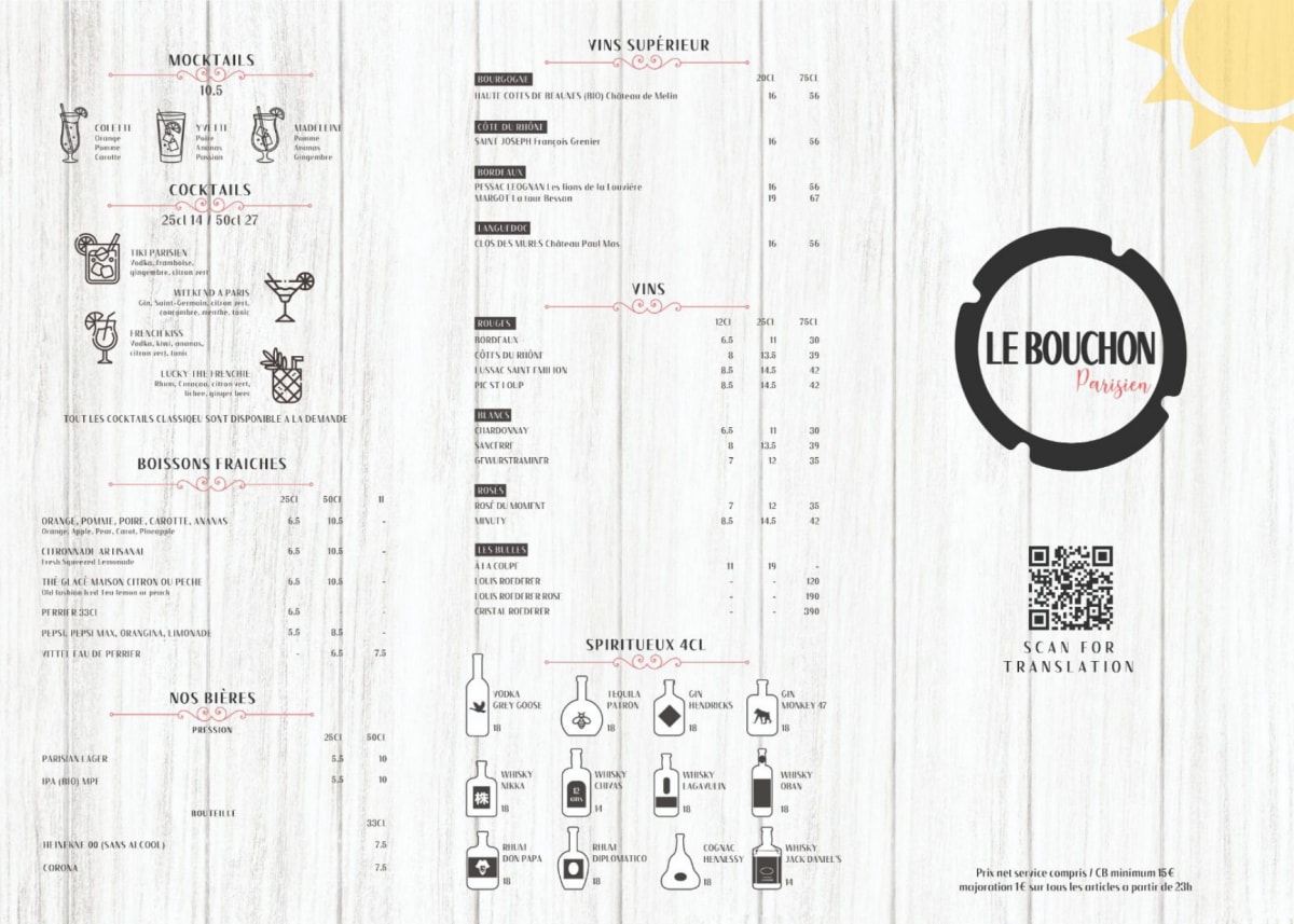 Le Bouchon Parisien menu