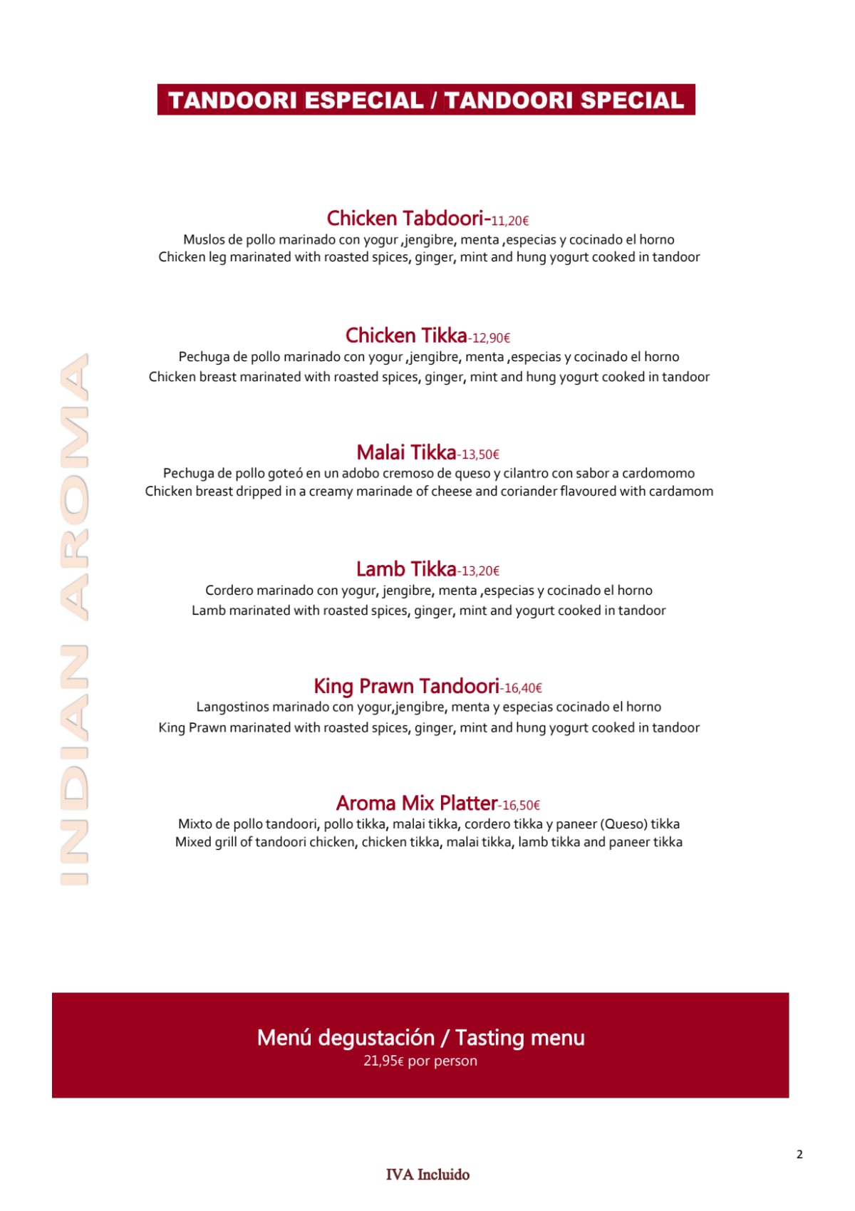 Indian Aroma menu