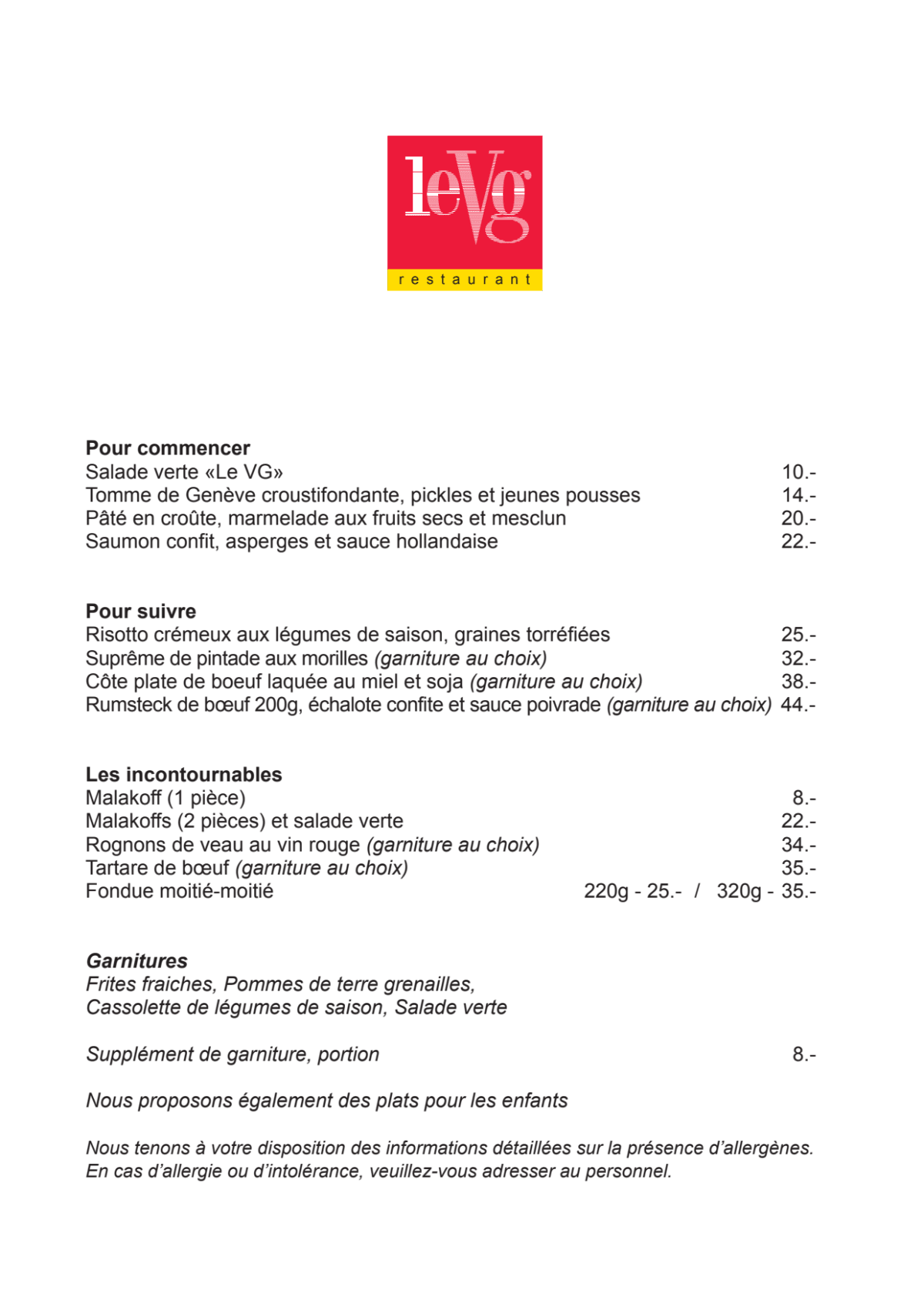 Le VG - Restaurant des Vieux-Grenadiers menu
