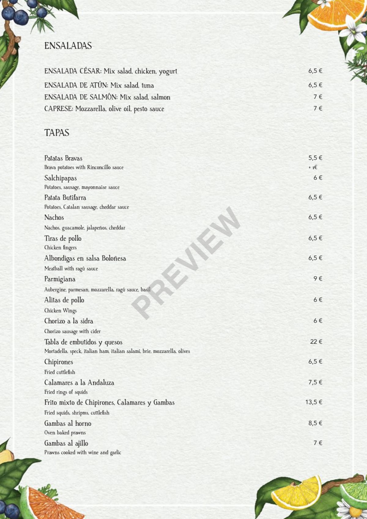 El Rinconcillo Mediterraneo menu