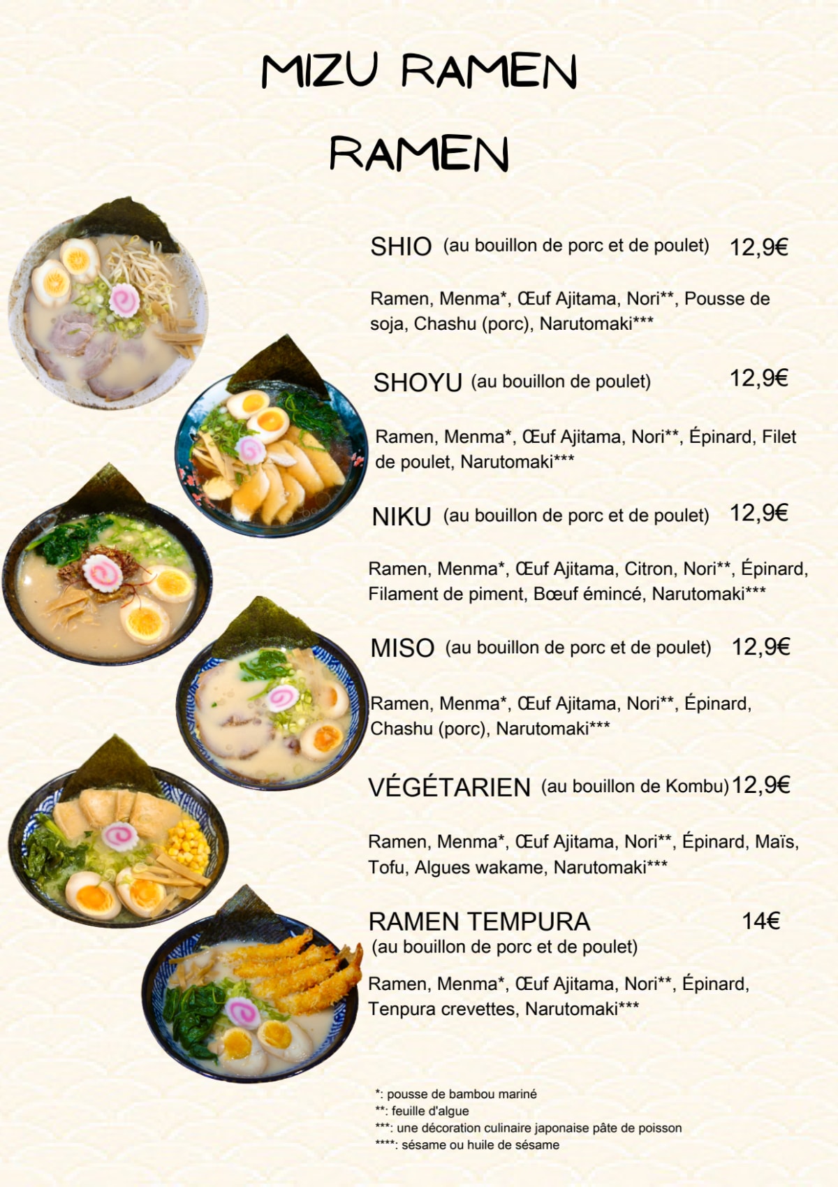 Mizu ramen menu