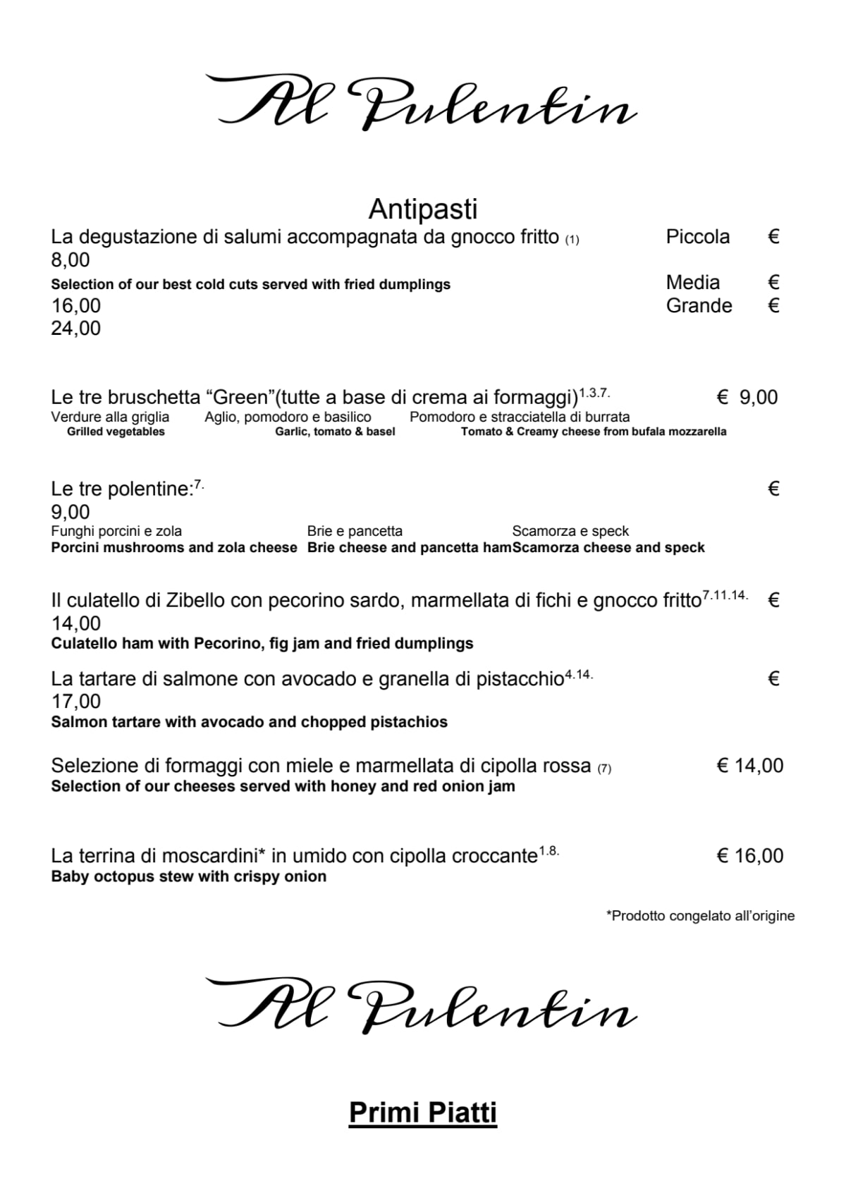 Al Pulentin menu