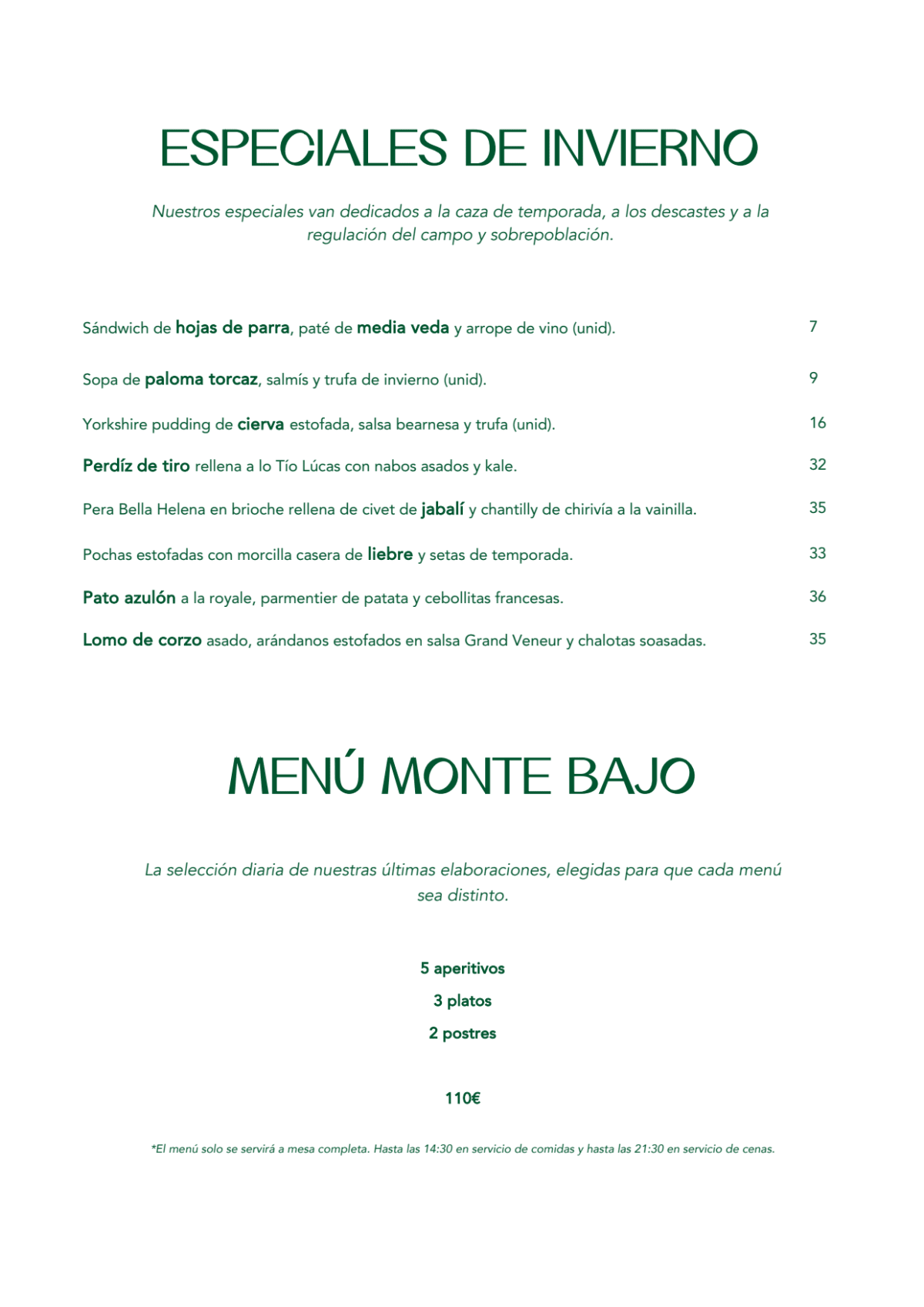 Santerra menu