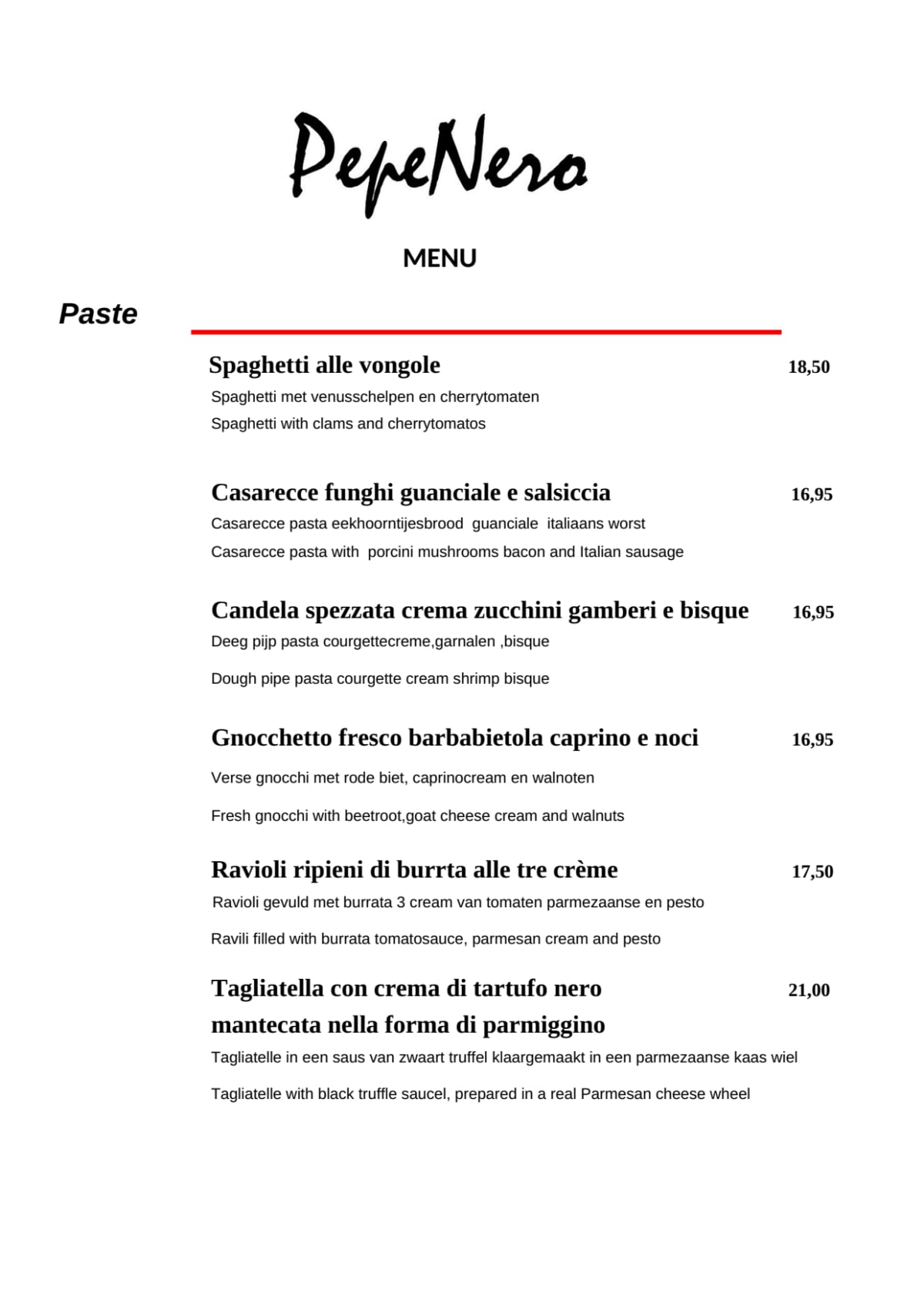 PepeNero Cucina  menu