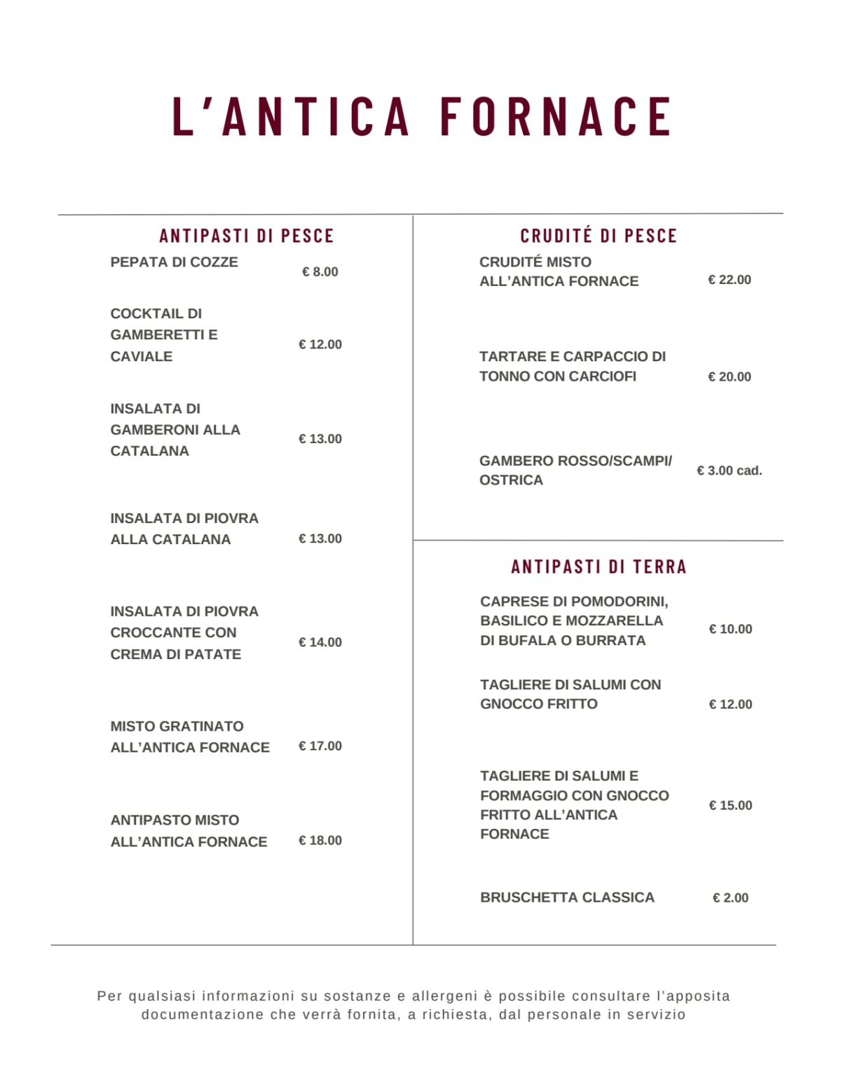 L’Antica Fornace menu