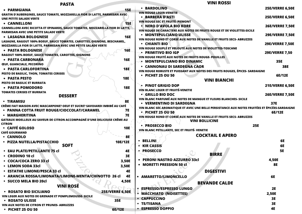 GIOIA E GUSTO menu