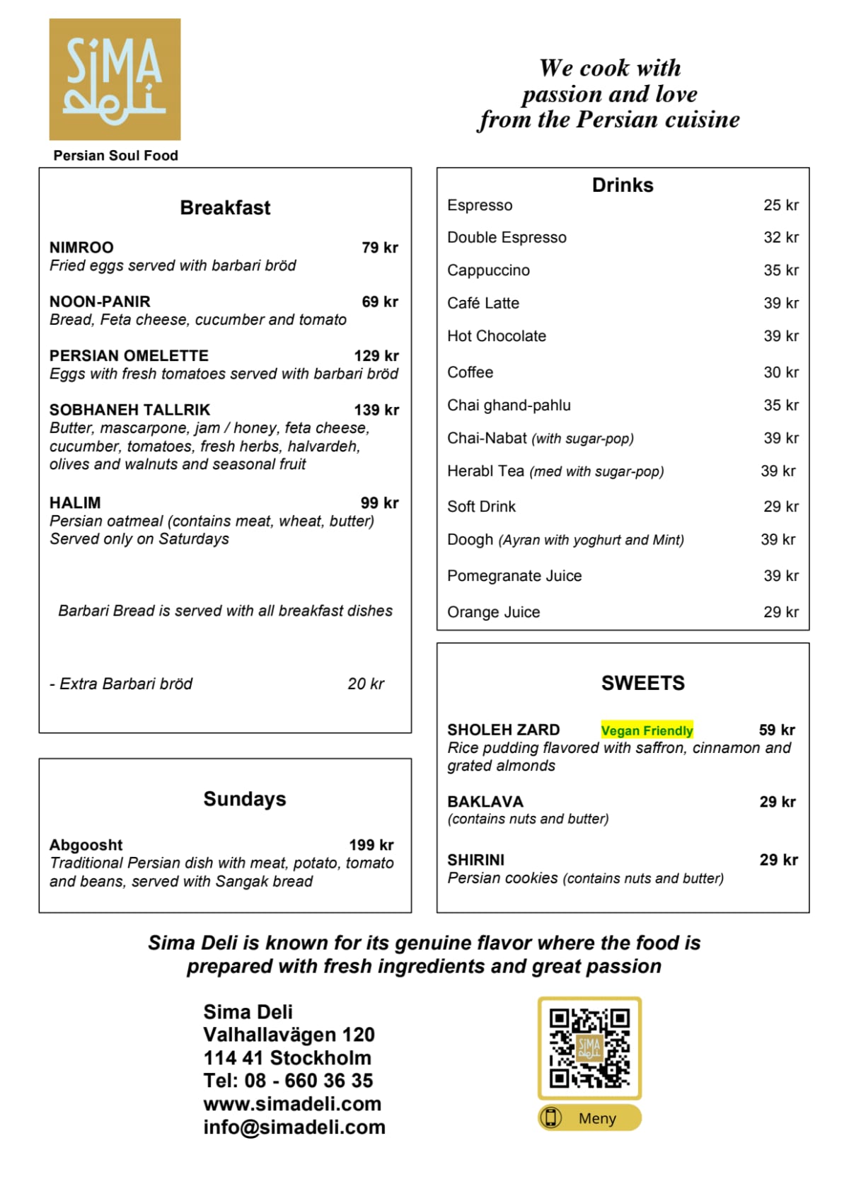 Sima Deli menu