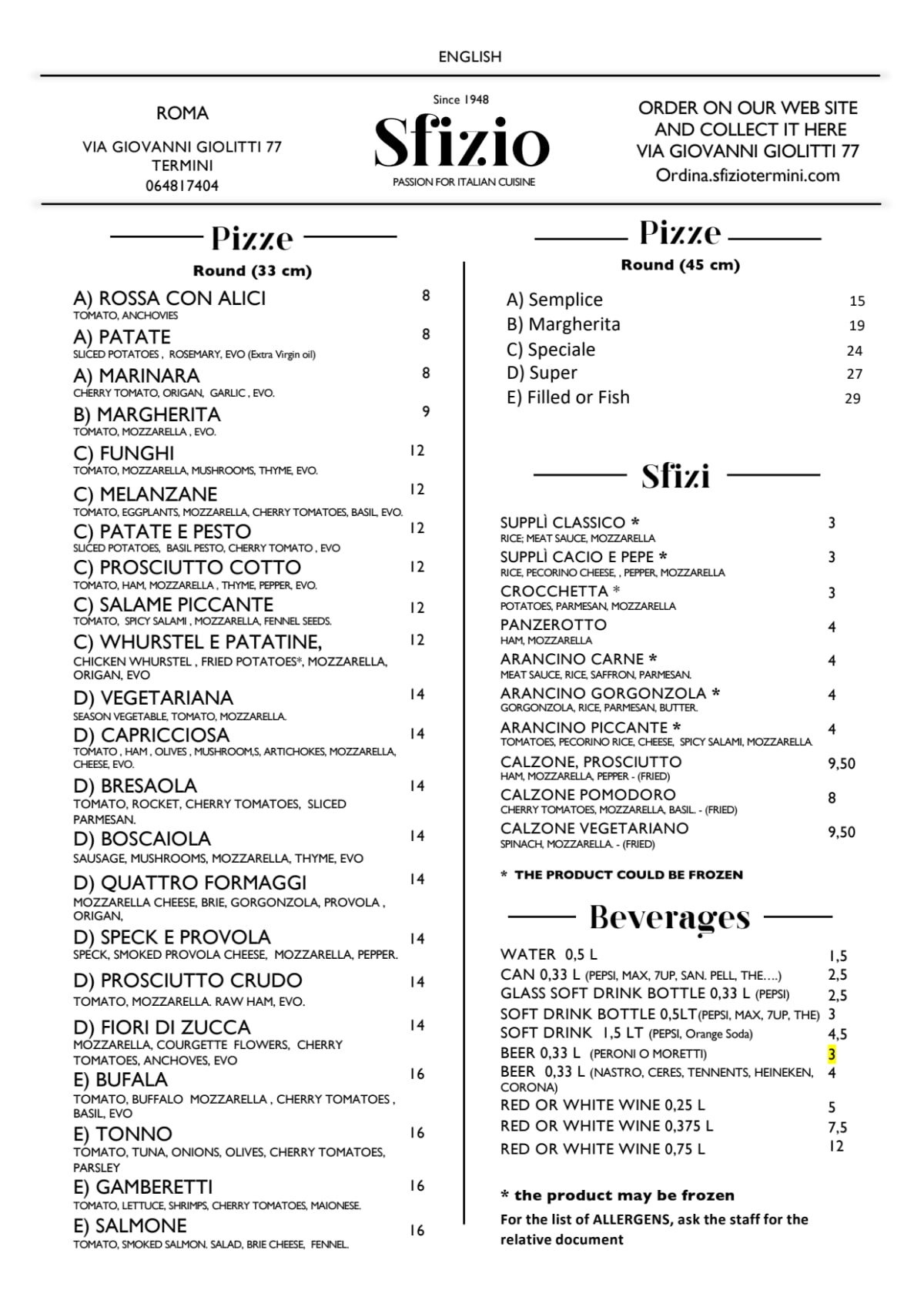 Sfizio Pizza menu