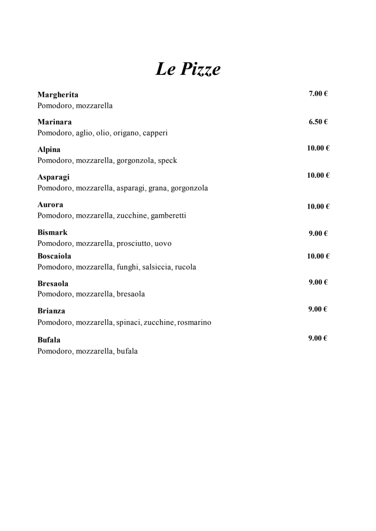 Capricci menu