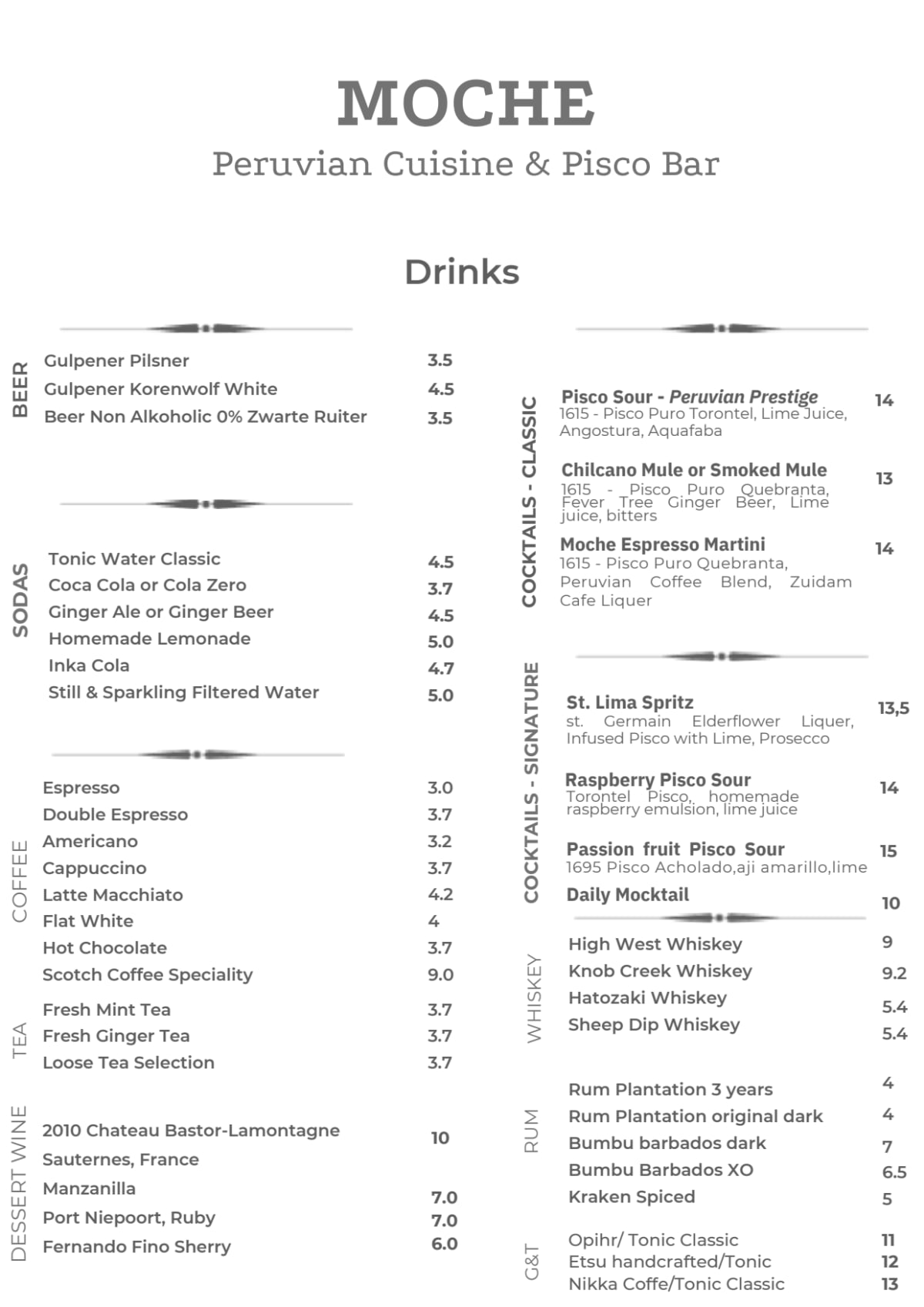 Moche - Peruvian Cuisine & Pisco Bar menu