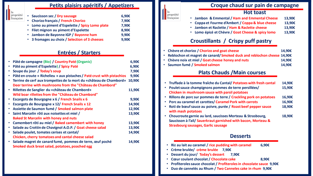 La Propriété Française menu